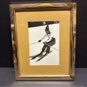Vintage Alpine Ski Racer Black & White Skiing Photograph Framed Matted 9" x 11"